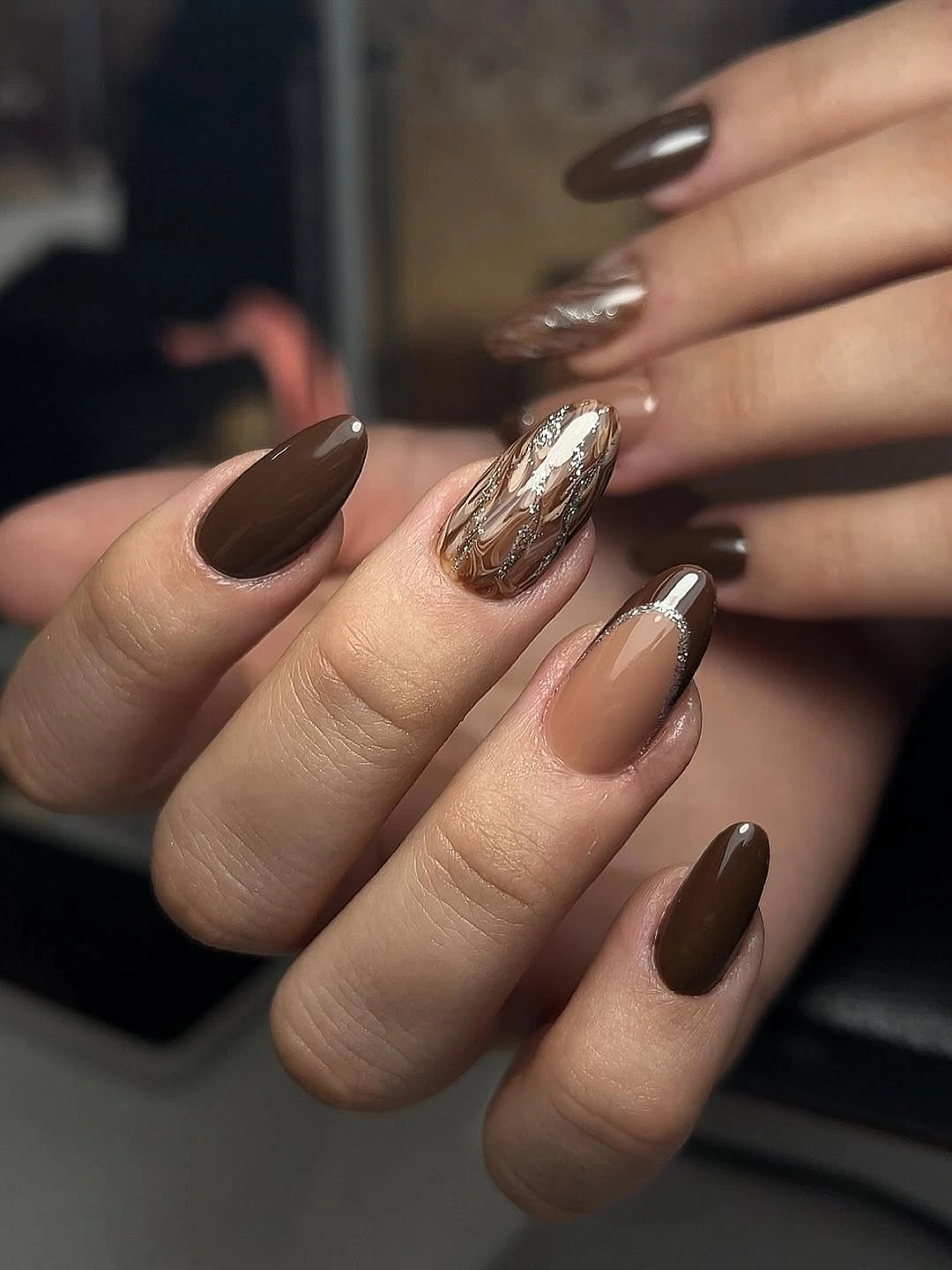Taupe cream brown almond nails with fine linear accent