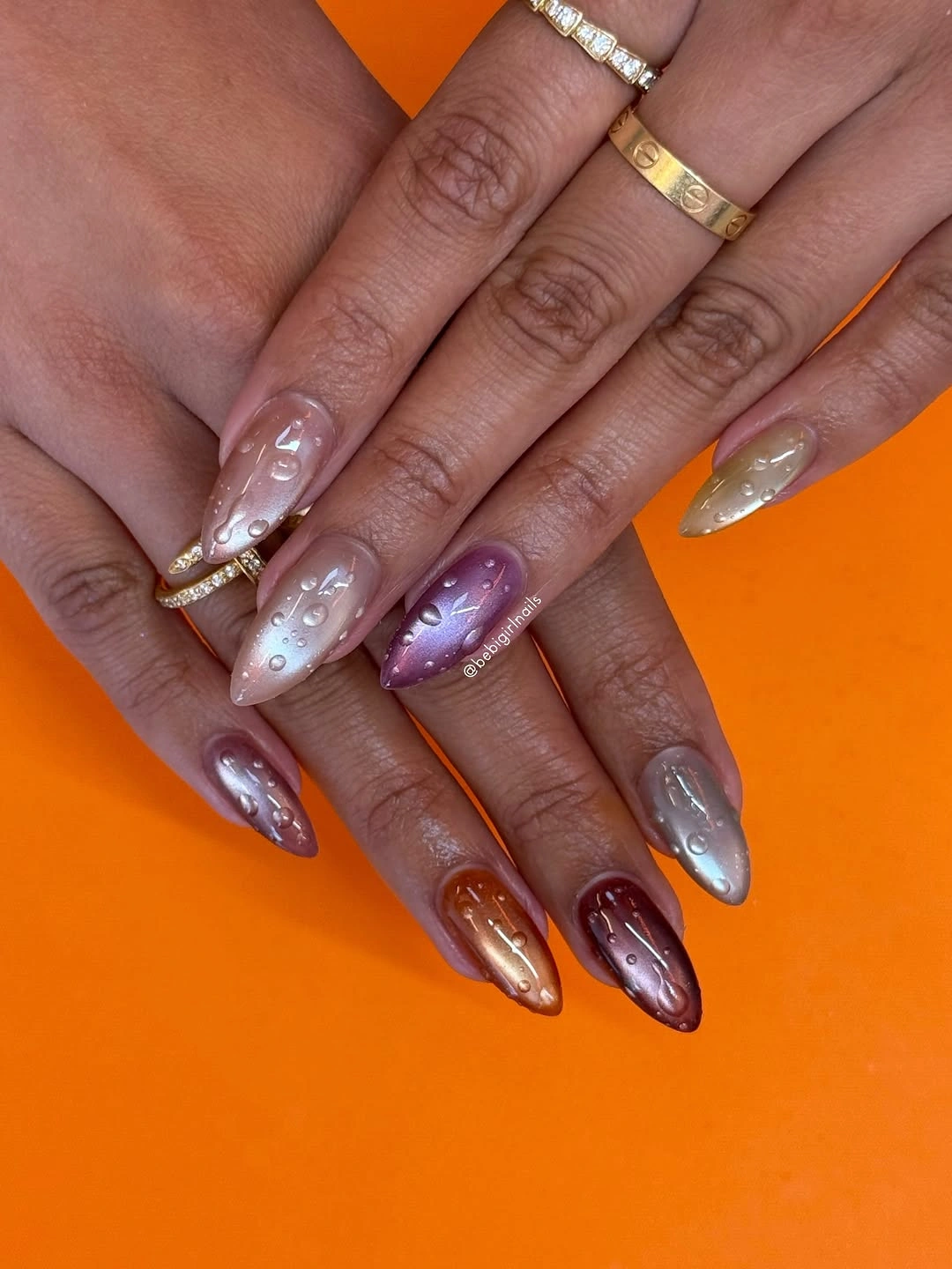 Long plum lilac silver and white reflective almond nails
