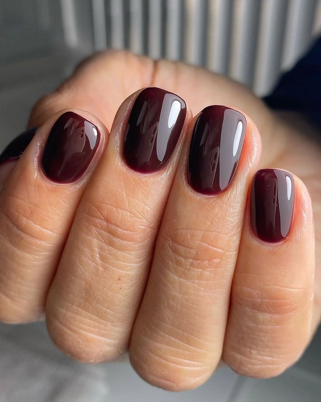 Short glossy dark burgundy oval fall nails