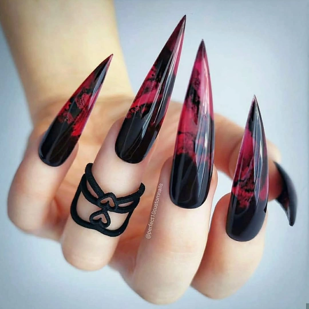 Long black and deep pink plaid pointed nails with bows