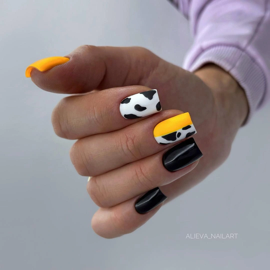 Short black orange yellow white graphic block nails