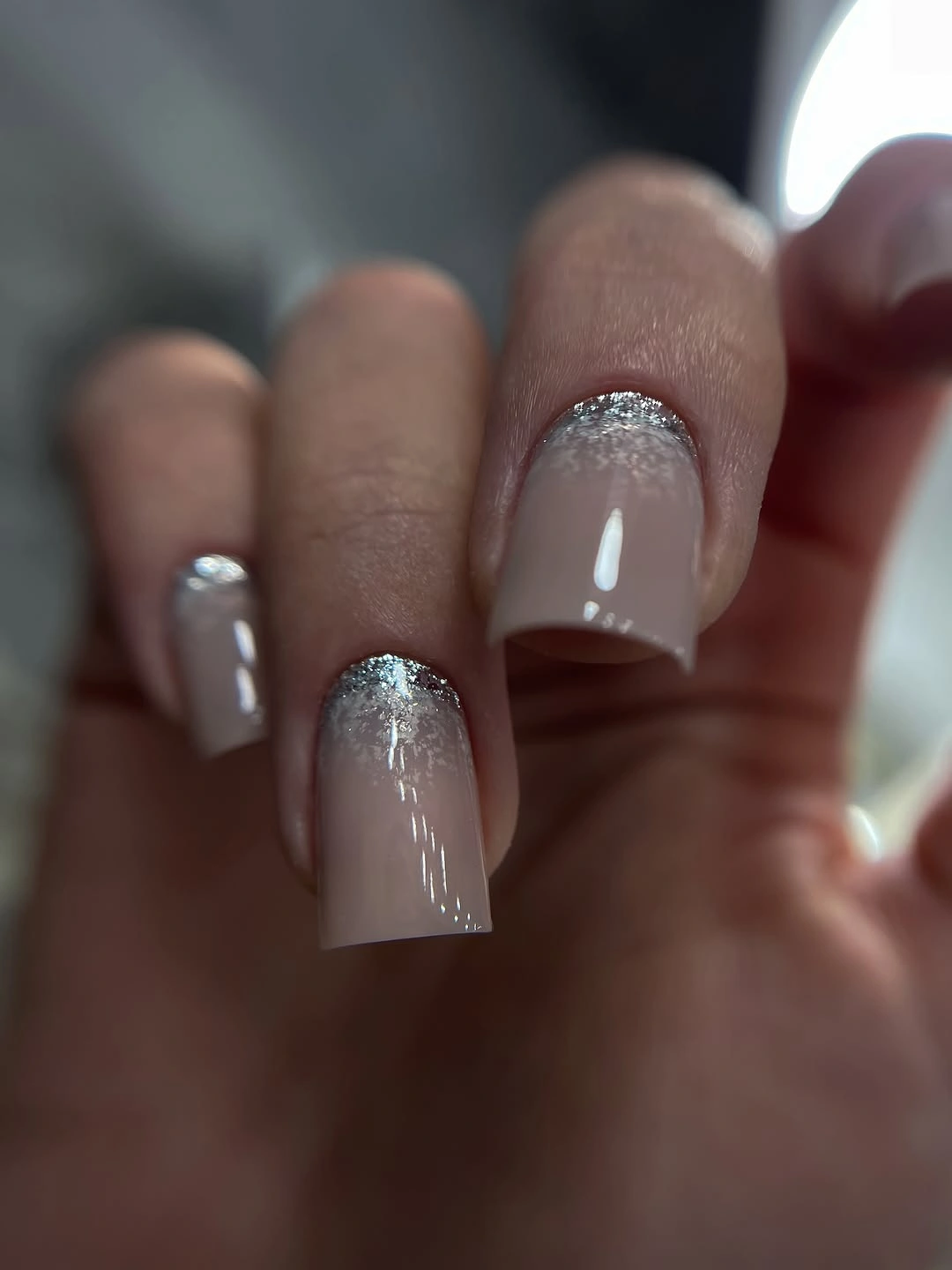 Medium milky coffin nails with silver glitter tips