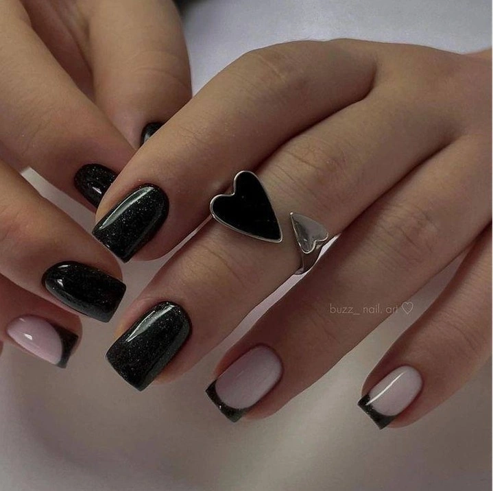 Medium square black and pink nails with geometric tips