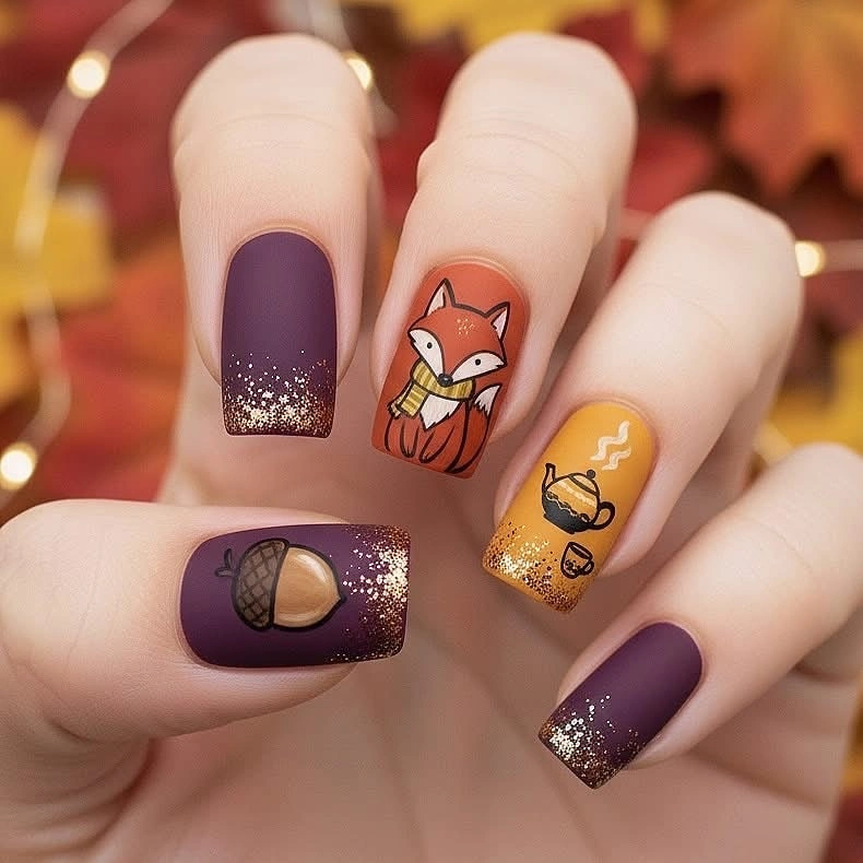 Short plum square nails with silver tips and tiny autumn art