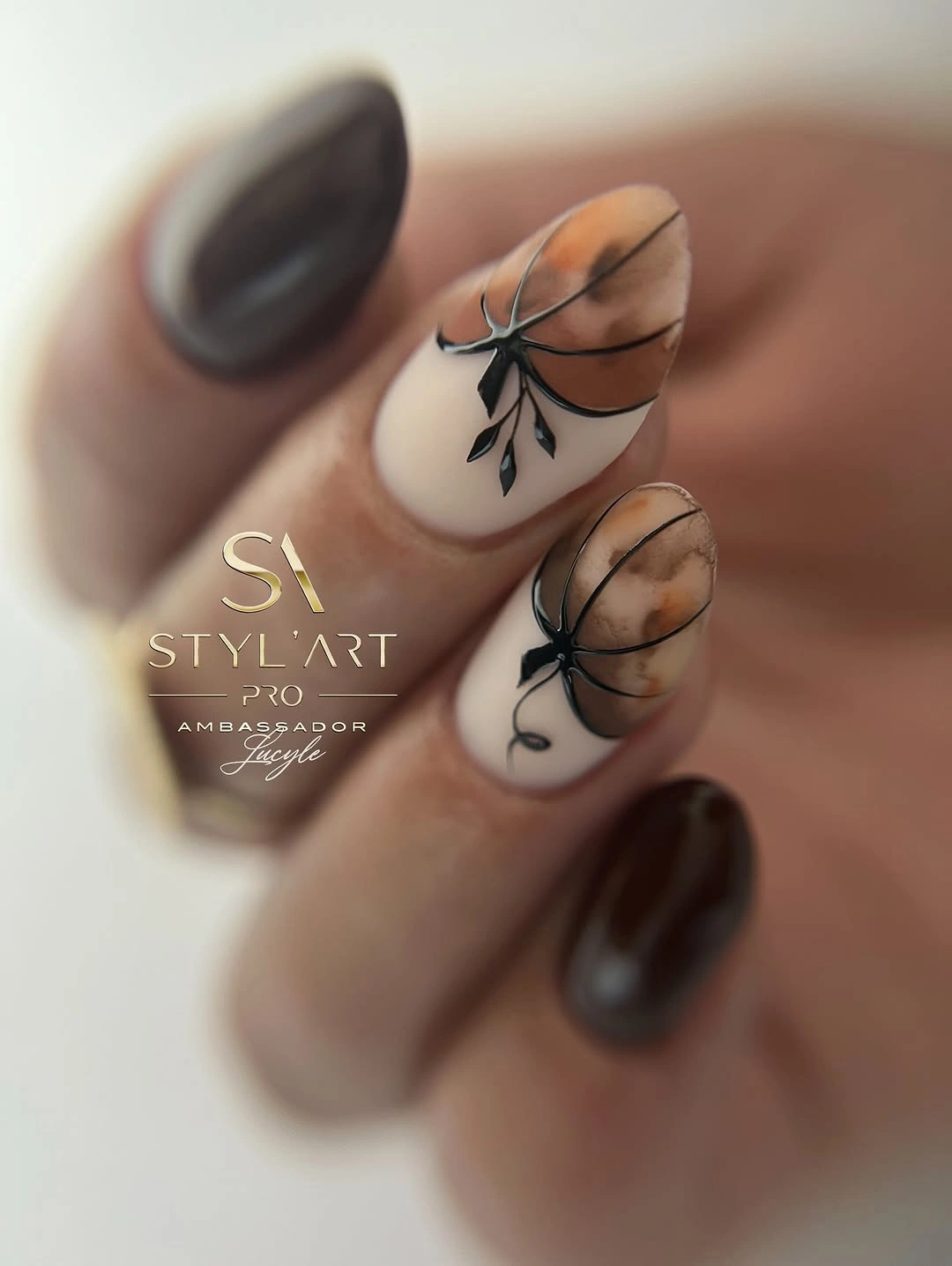 Dark brown nails with cream accent nails and black curves