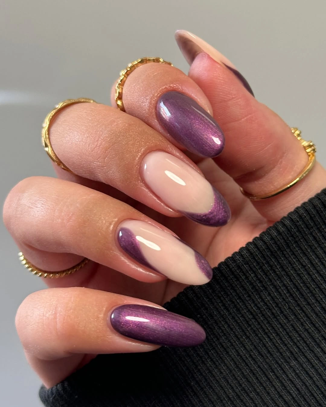 Long almond plum nails with pale purple negative space tips