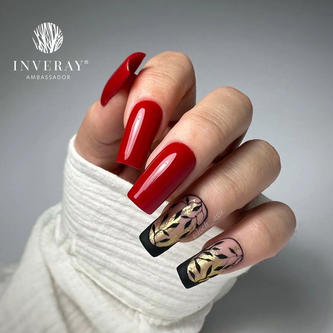 Long red square nails with black gold botanical accent panels
