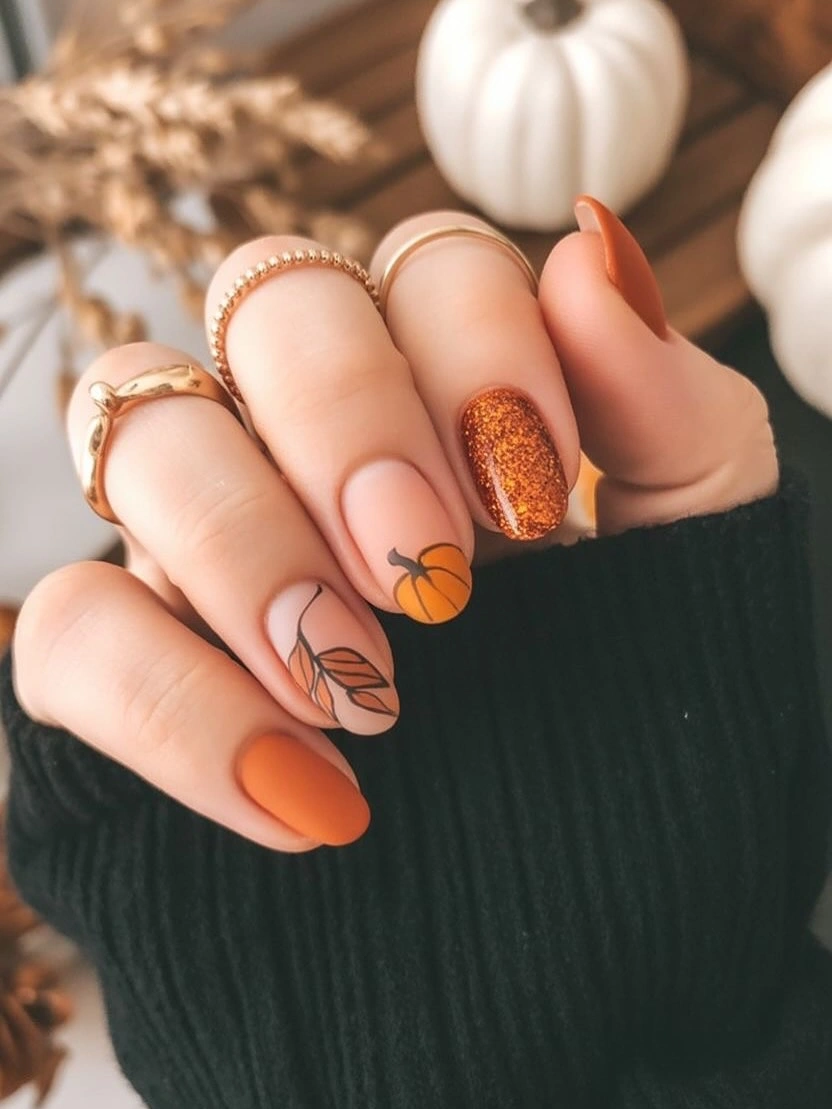 Nude pink almond nails with orange copper and tiny motifs