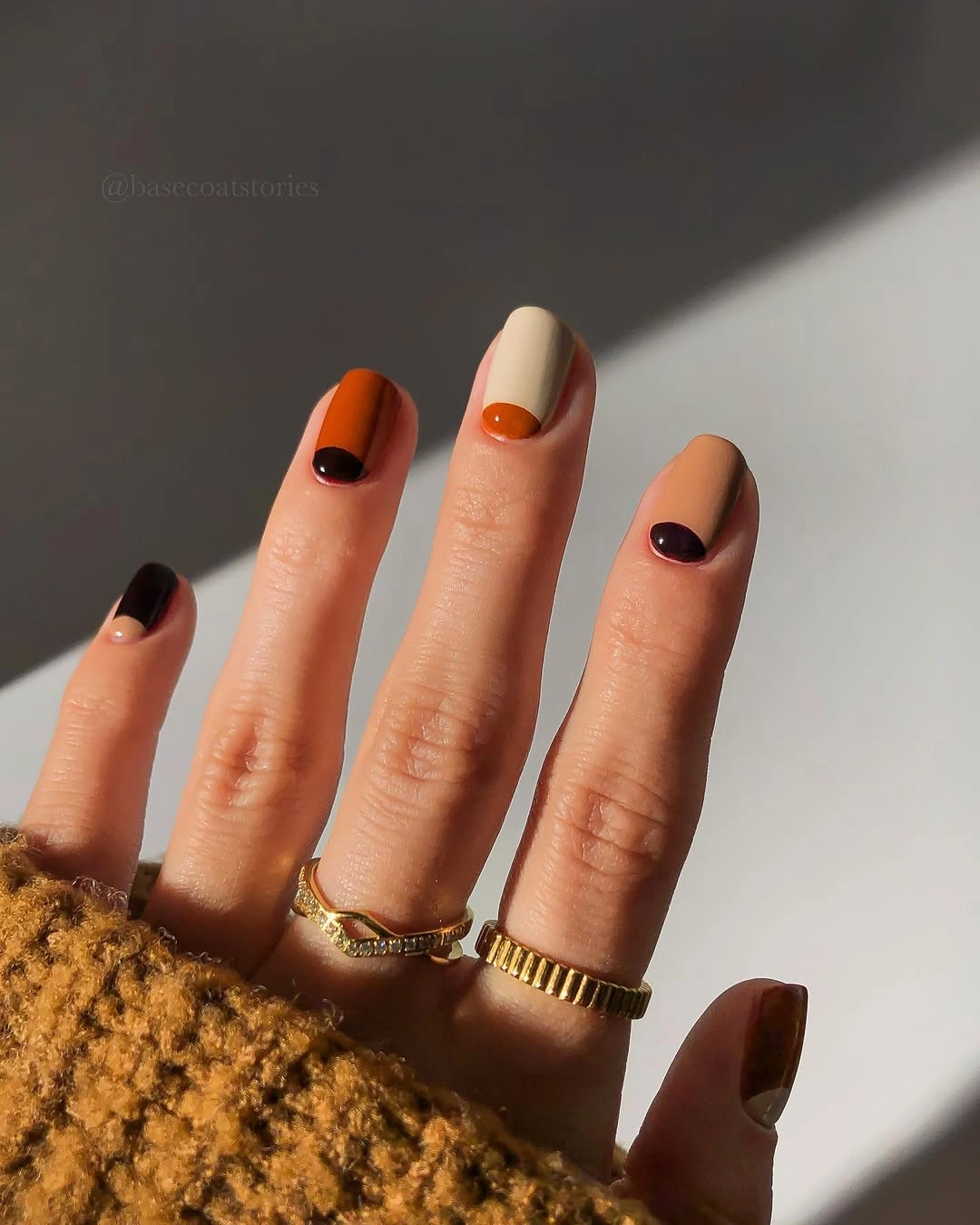 warm fall color block nails with rounded half moons