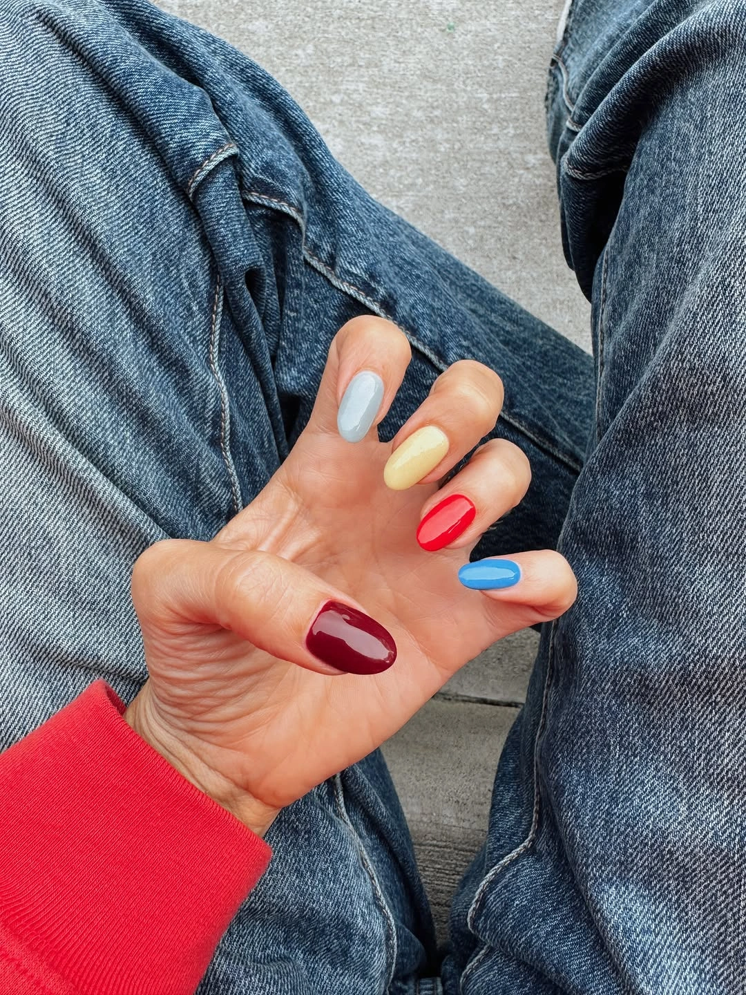 mismatched glossy short almond nails in bright colors
