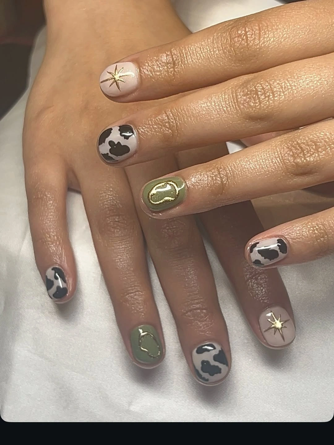 sage green cow print nails with gold star accents