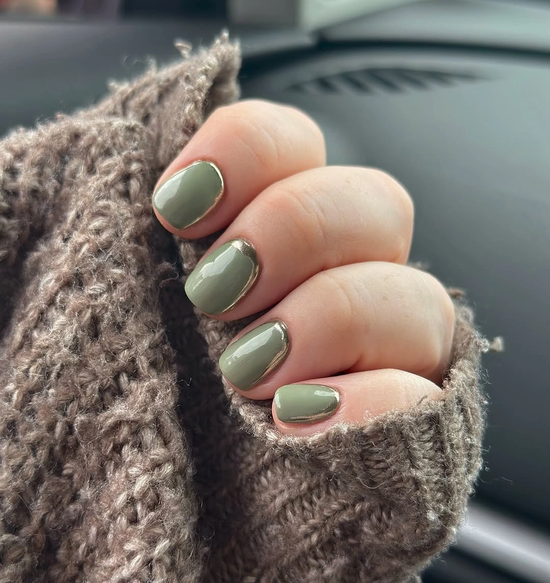 muted sage short nails with simple glossy finish