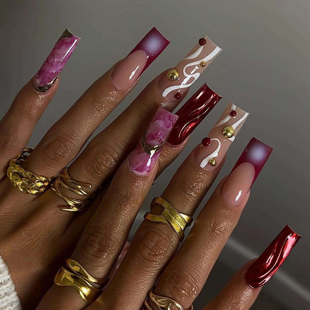 Long burgundy square nails with pink panels and white details