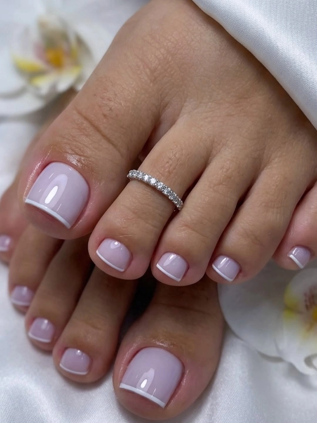 Glossy baby pink short square toenails with a clean finish