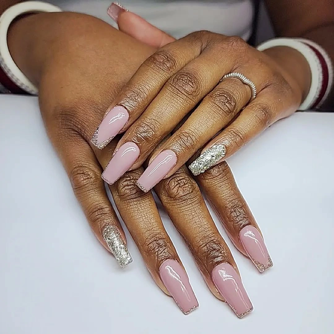Pale pink coffin wedding nails with silver glitter accents