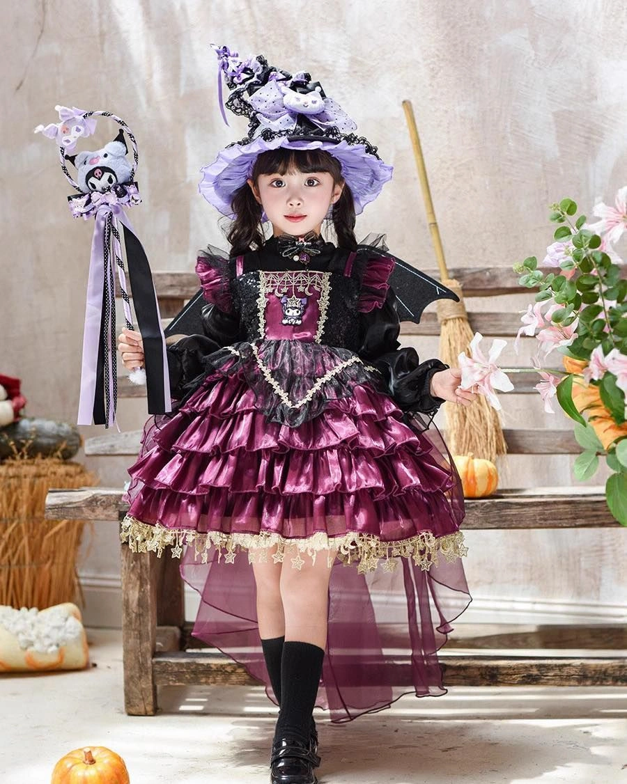 Kids purple-and-black ruffled gothic costume dress with small hat and black boots