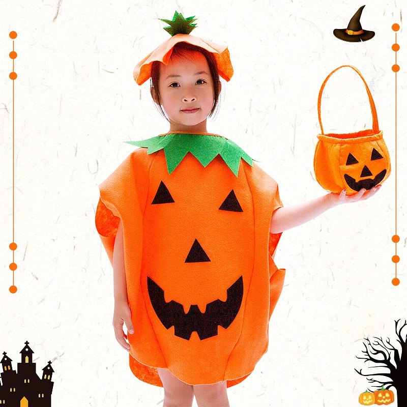Kids orange pumpkin tunic costume with black base layer orange hat and matching bucket