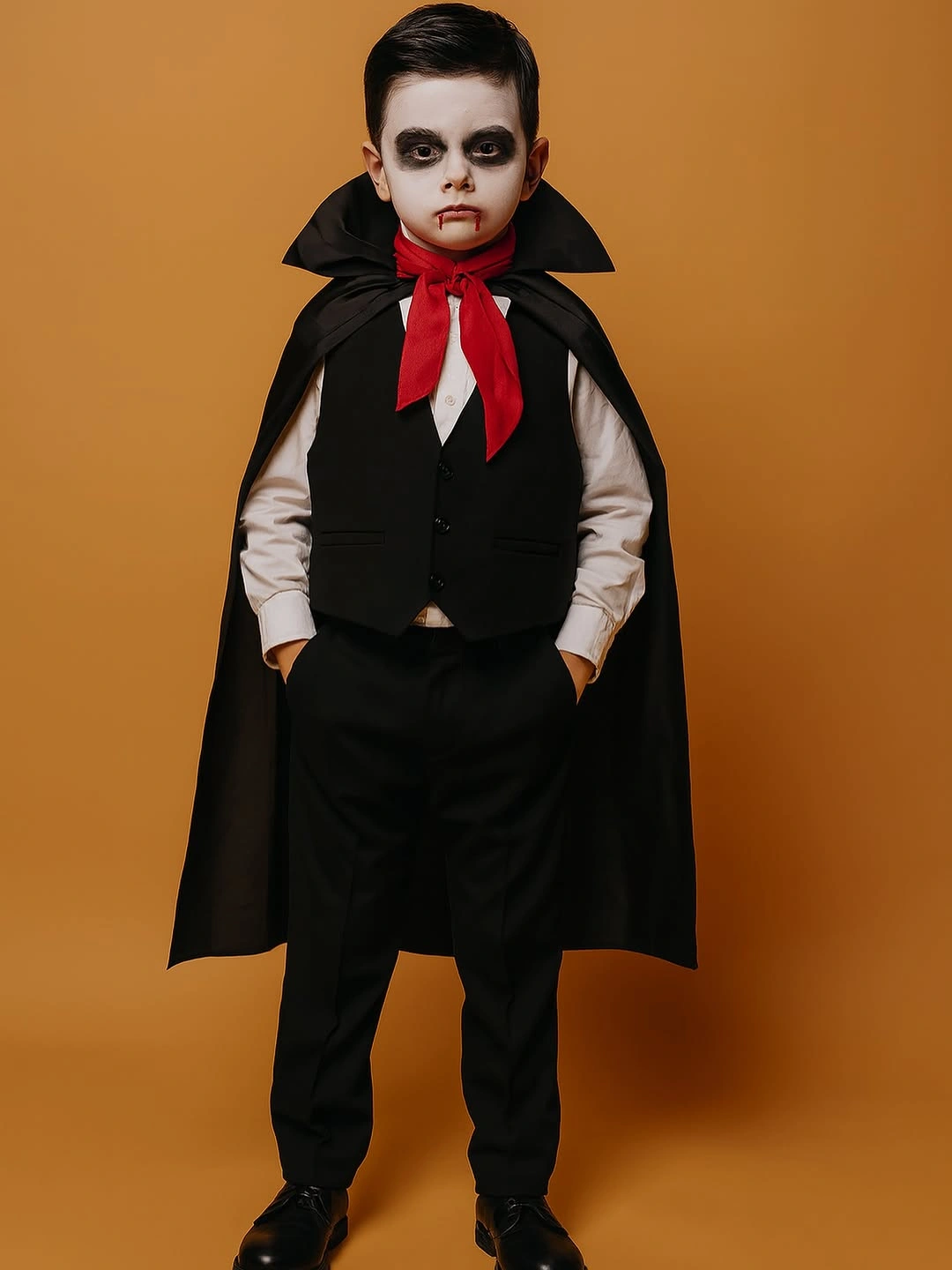 Kids vampire costume with white shirt black vest cape red scarf and dark eye makeup