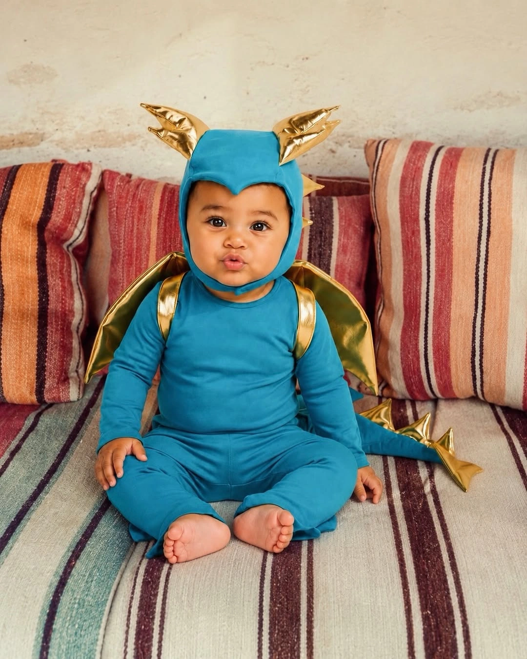 Blue baby dragon Halloween costume with gold wing panels and gold horned headpiece