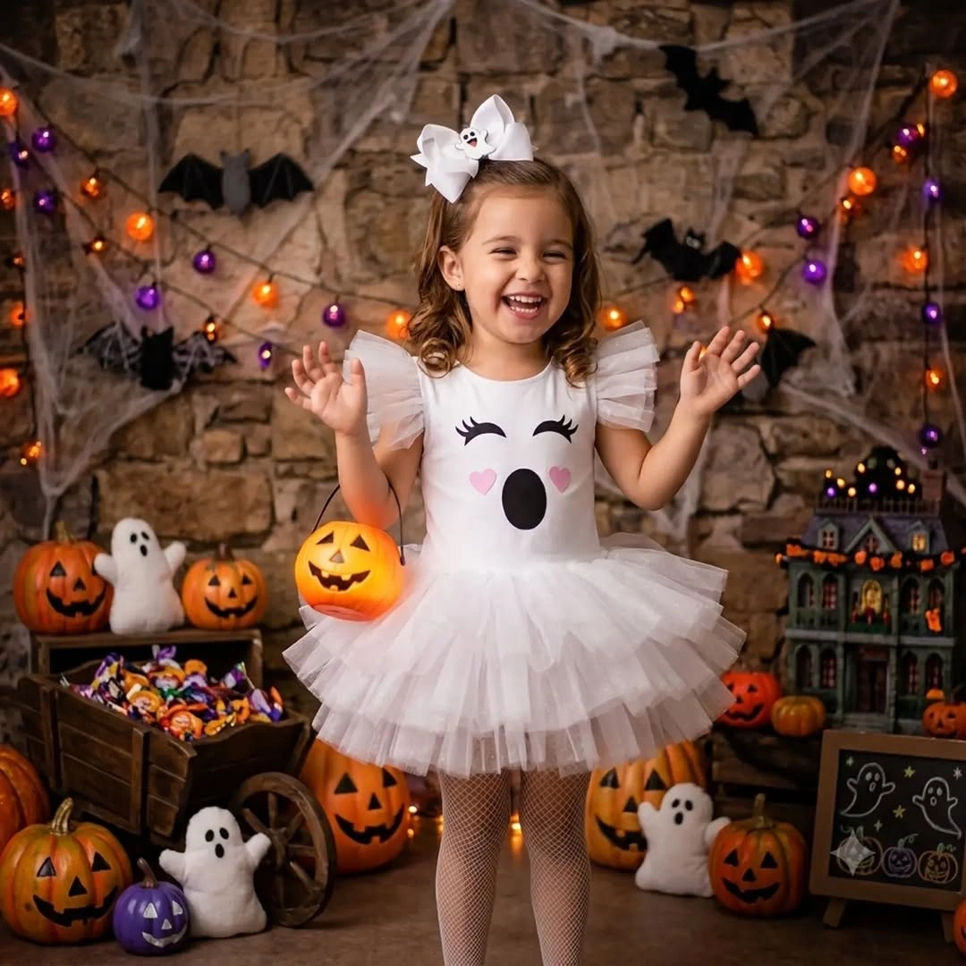 Kids white tulle Halloween dress with black face details white bow and white shoes