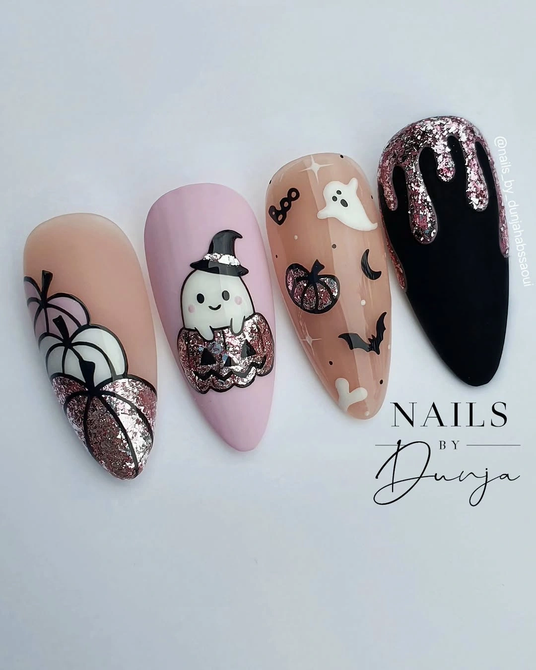 Pastel Halloween tips with ghosts witch hat bat and spiderweb