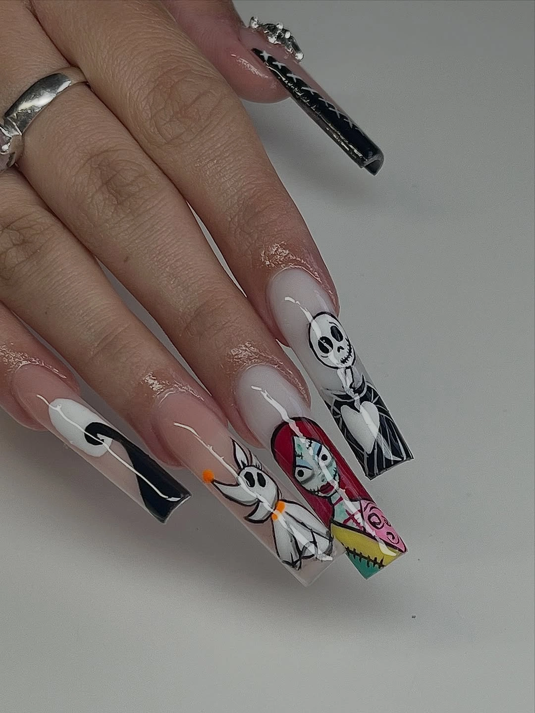 Long coffin nails with pale skeleton ghost and gothic panels