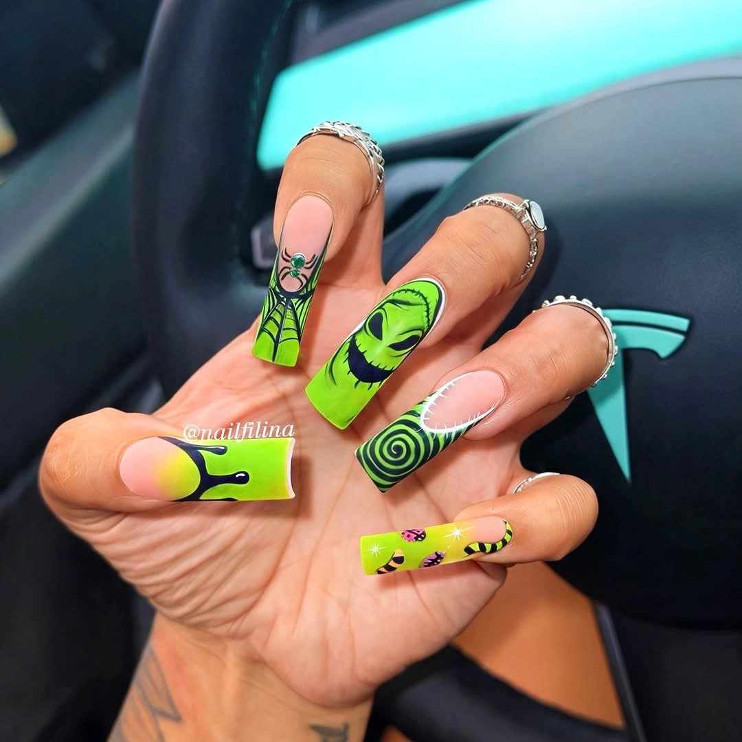 Neon lime square nails with black white optical Halloween graphics