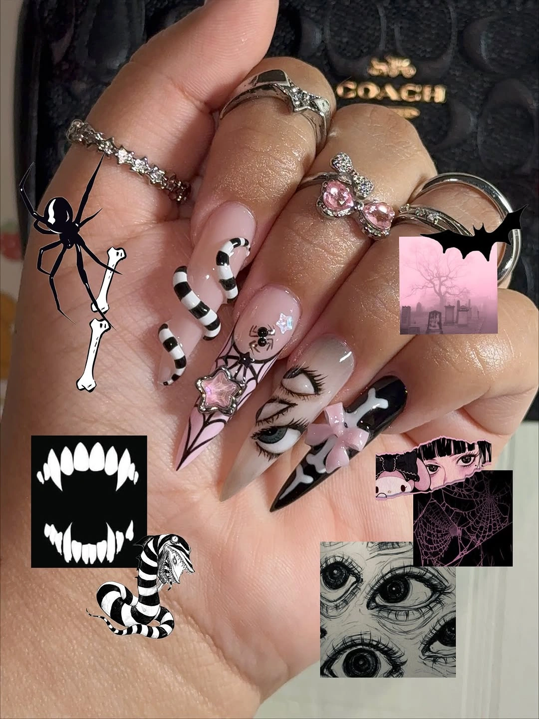 Long almond nails with pumpkins ghosts bats and autumn details