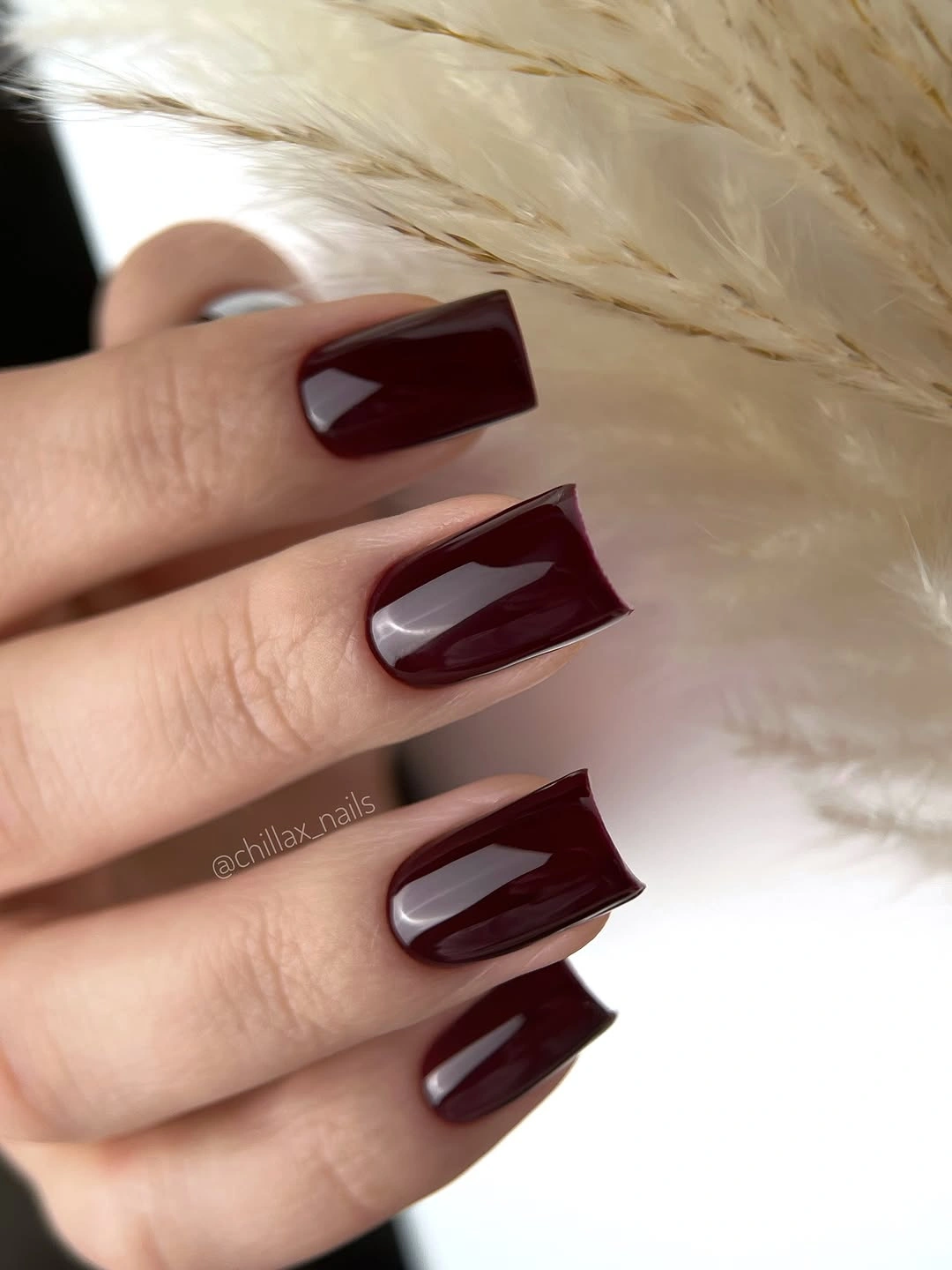 Short rounded dark burgundy nails with smooth glossy finish