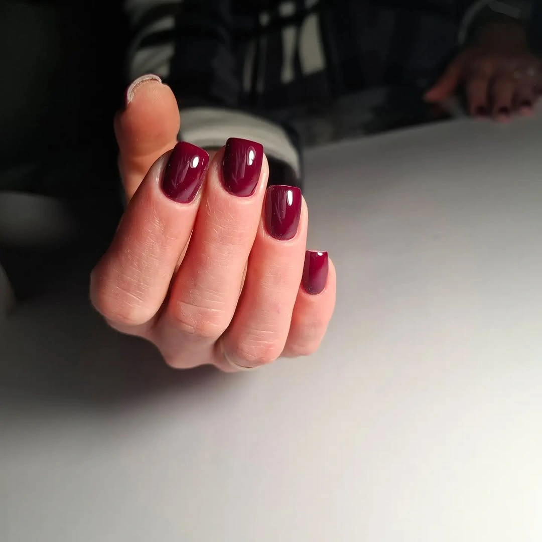 Short wine squoval nails with curved maroon glossy accent