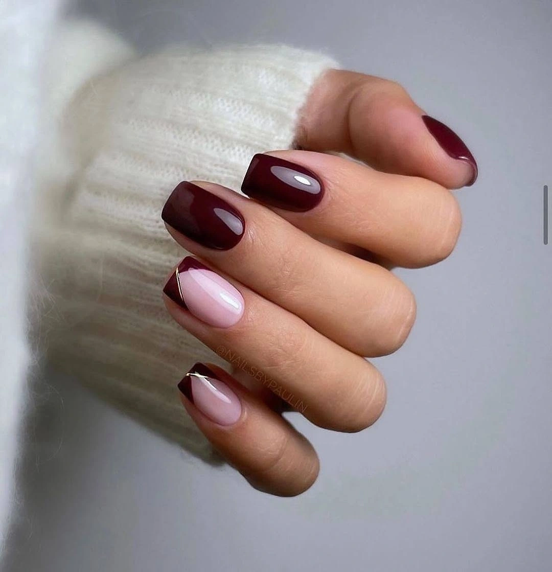 Short wine square nails with blush maroon outlined accents