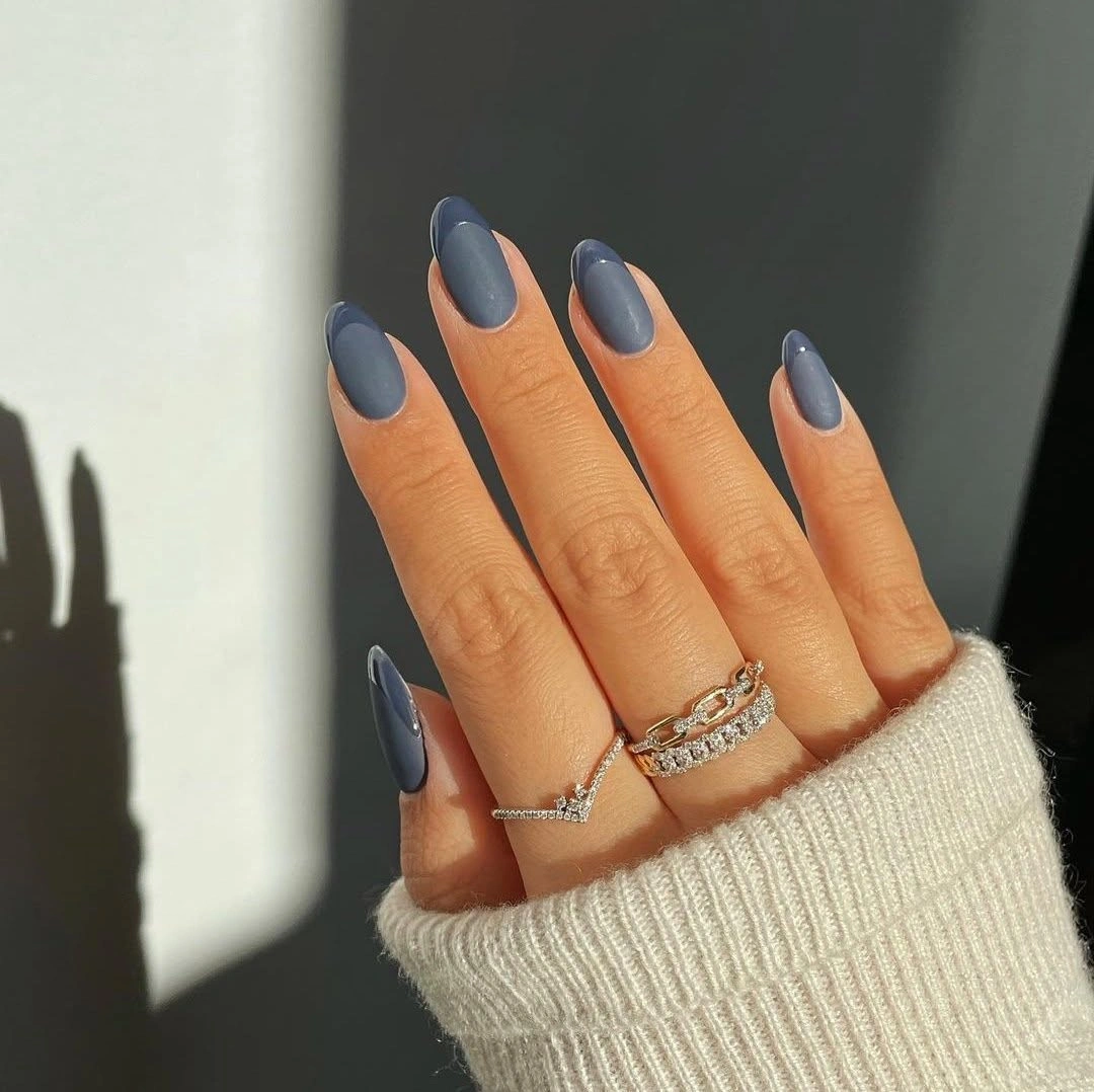 Muted blue gray almond nails with uniform matte finish