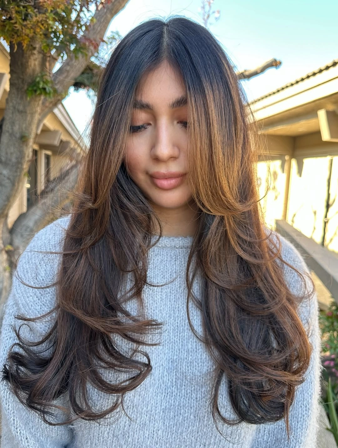 Extra long brown middle part curtain waves with lighter framing