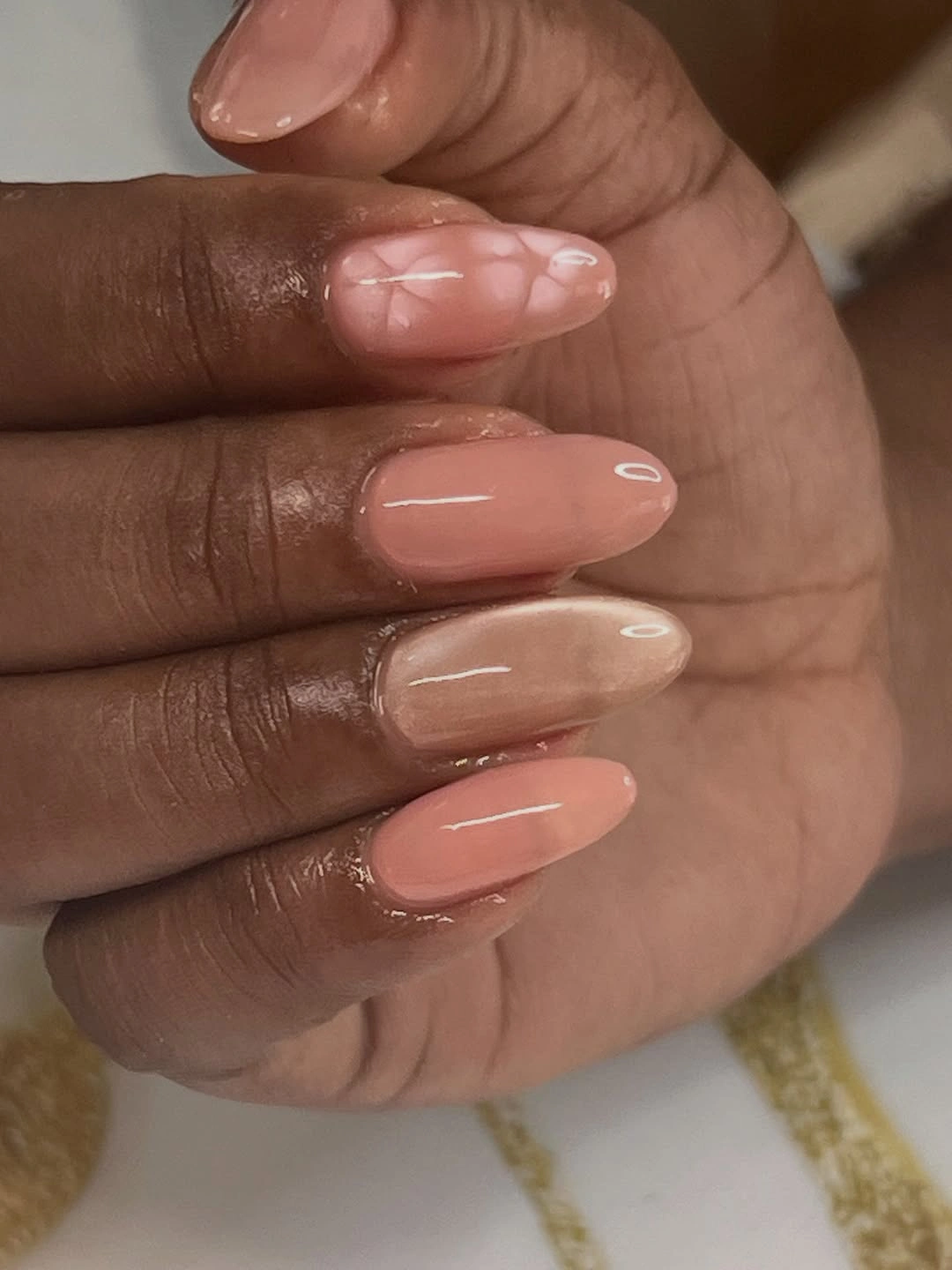 Medium translucent peach nude nails with soft pale tips