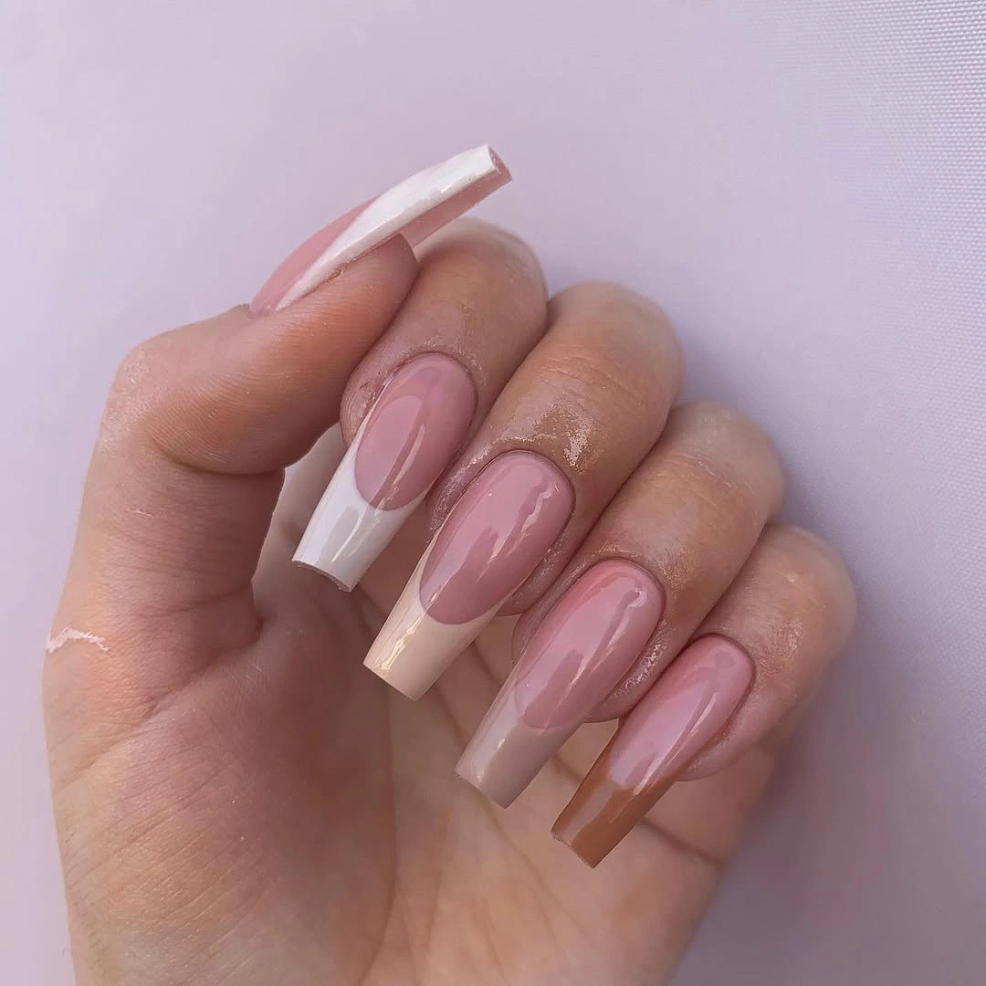 Long pink square nails with double white French line details