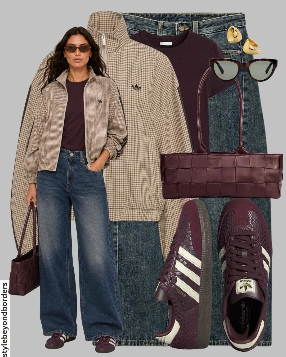 Checked jacket burgundy top jeans wine sneakers and woven burgundy tote