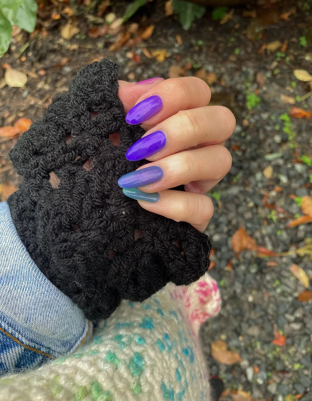Medium almond nails with violet blue and lavender blended gradients