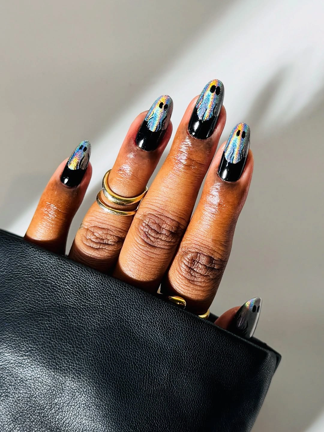 Cream almond nails with brown burgundy accents cow print and starburst