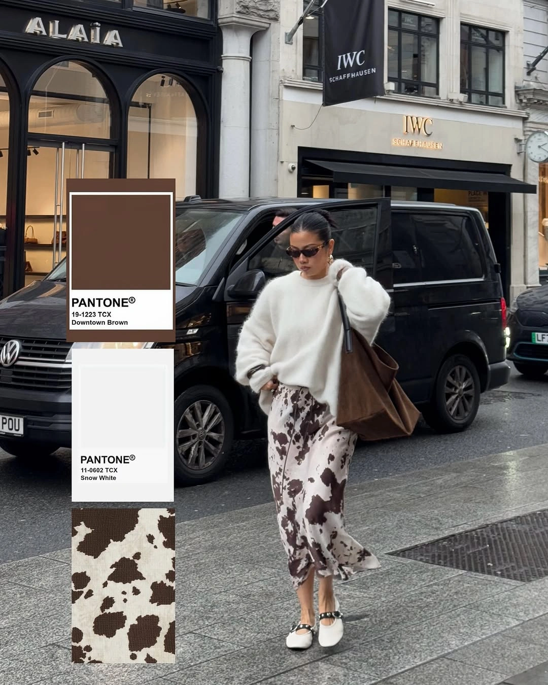 Cream hoodie with brown and white printed wide trousers and brown bag