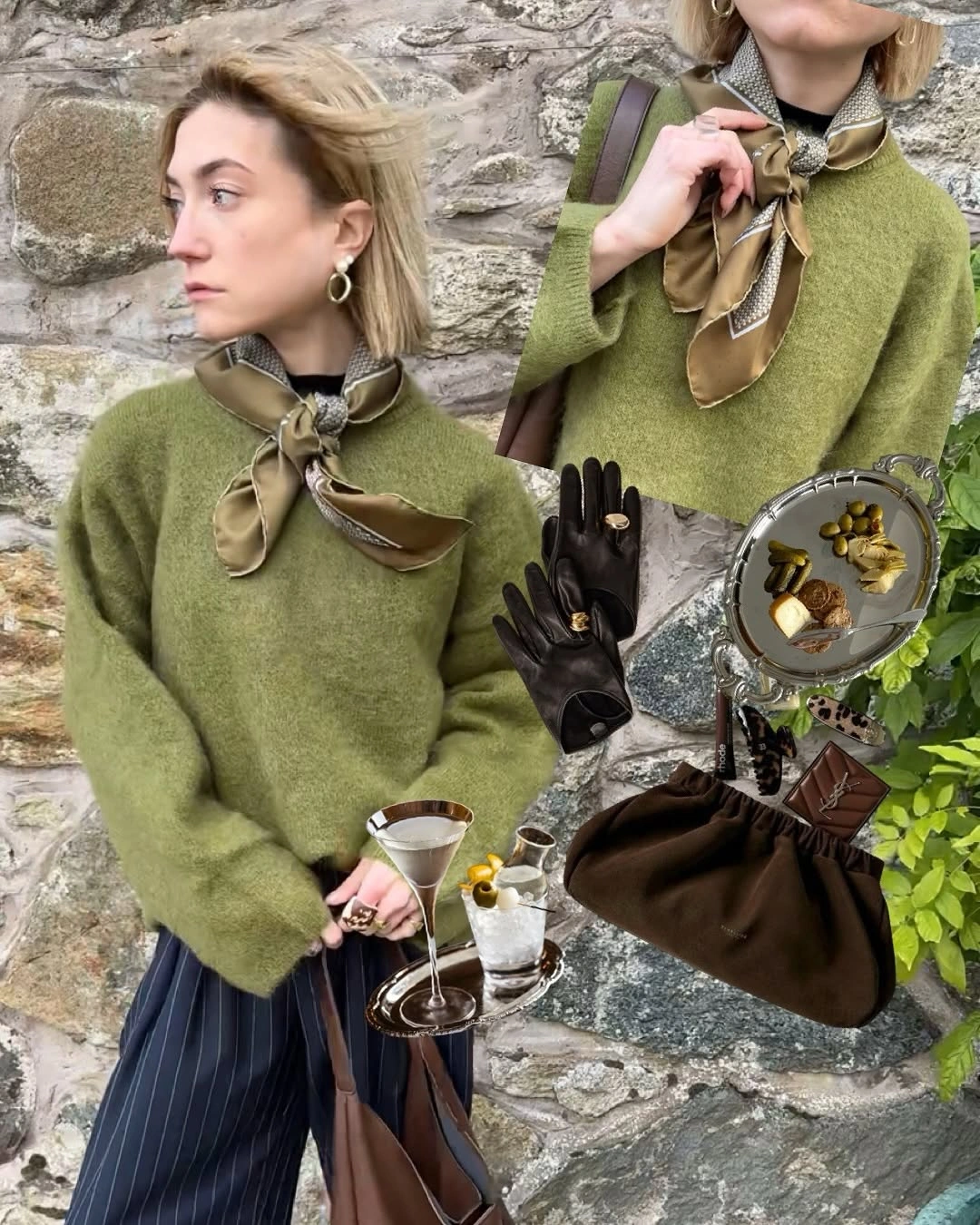 Moss green sweater with printed neck scarf pinstriped trousers and brown bag