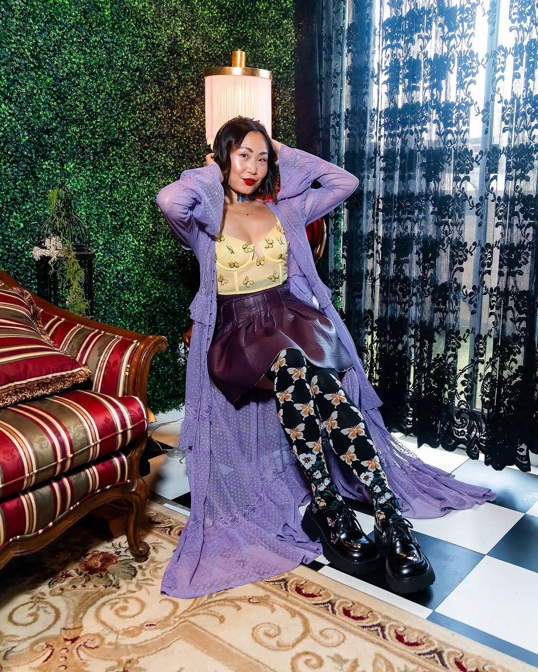 Lavender layered fantasy costume with pale bodice purple outer layer and black lace-up boots