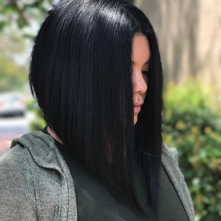 Dark sleek long A-line bob with longer front panel