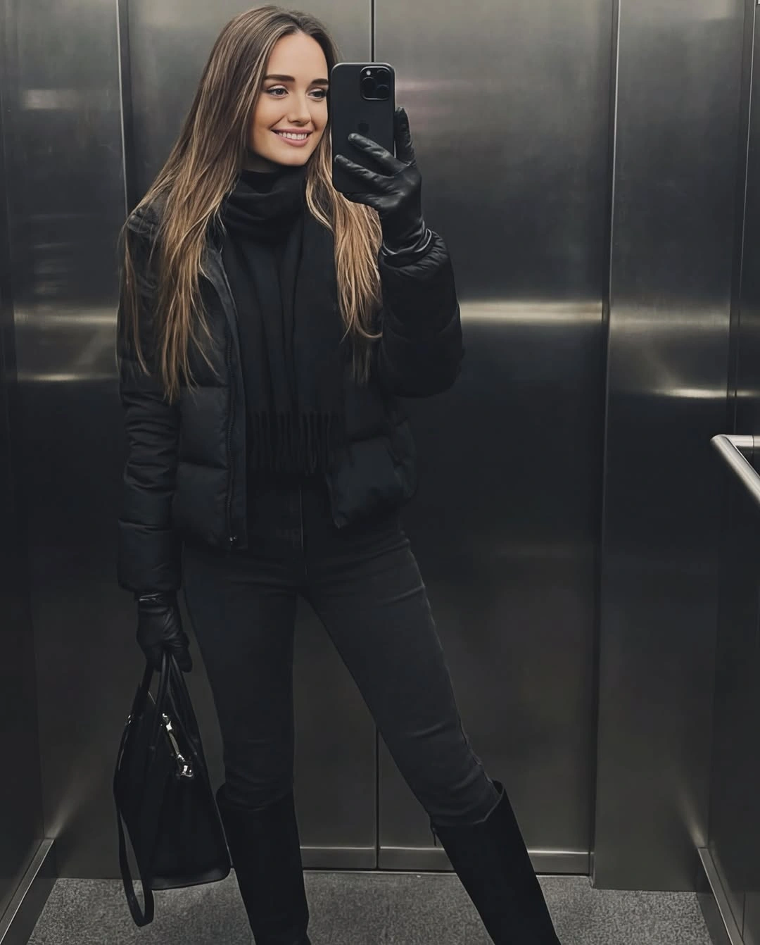 Long black puffer coat with black trousers, gloves, and bag