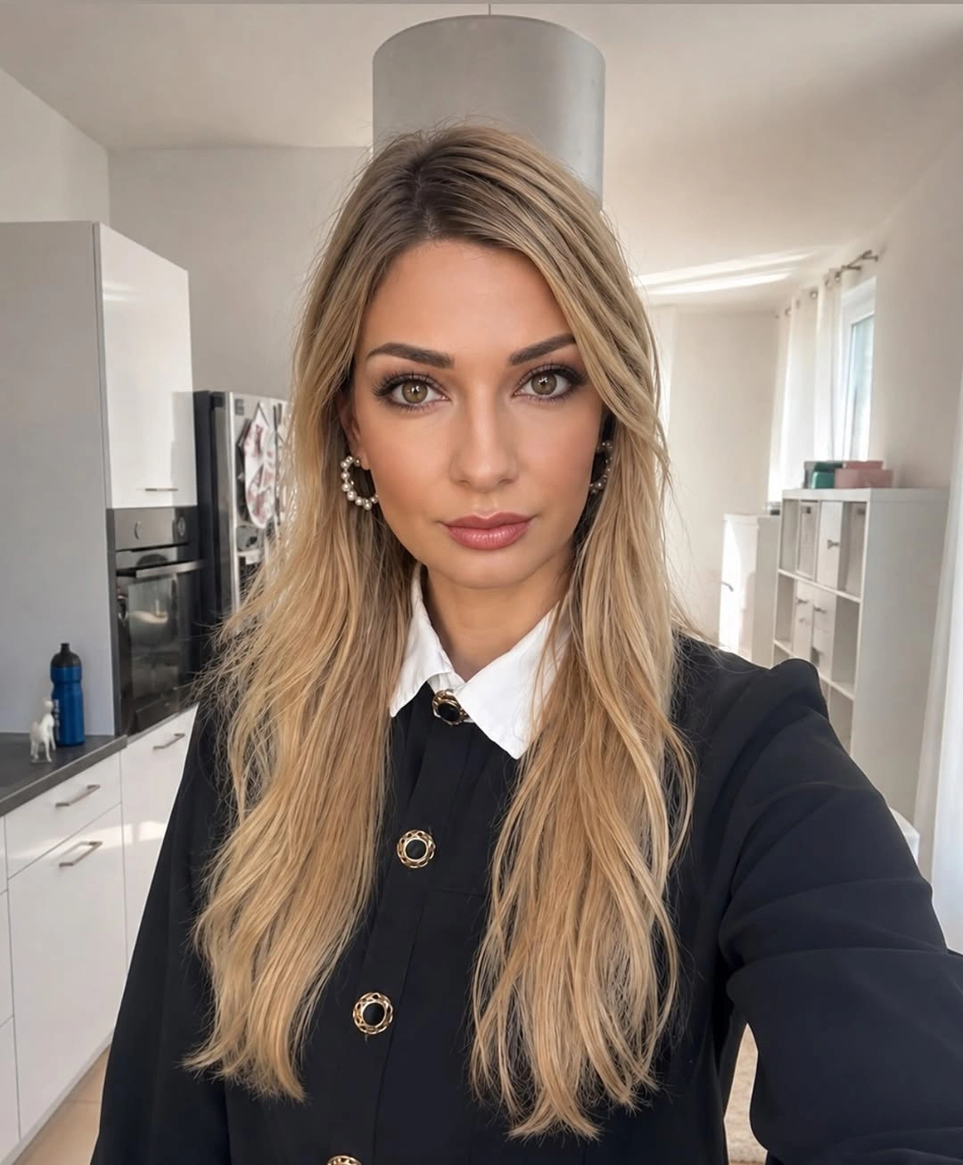 Long darker beige blonde hair with soft face-framing pieces