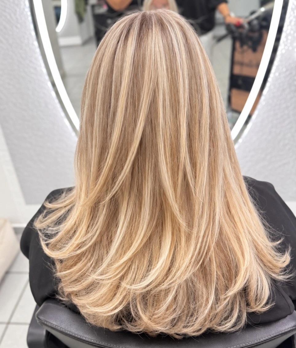 Layered beige blonde hair with lighter surface ribbons