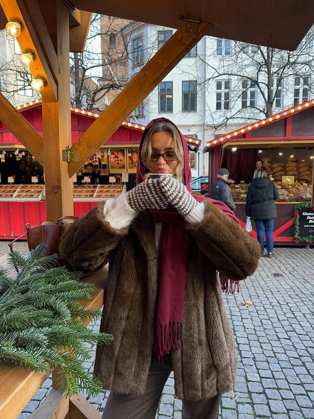 Brown plush coat burgundy hood checked scarf and mittens