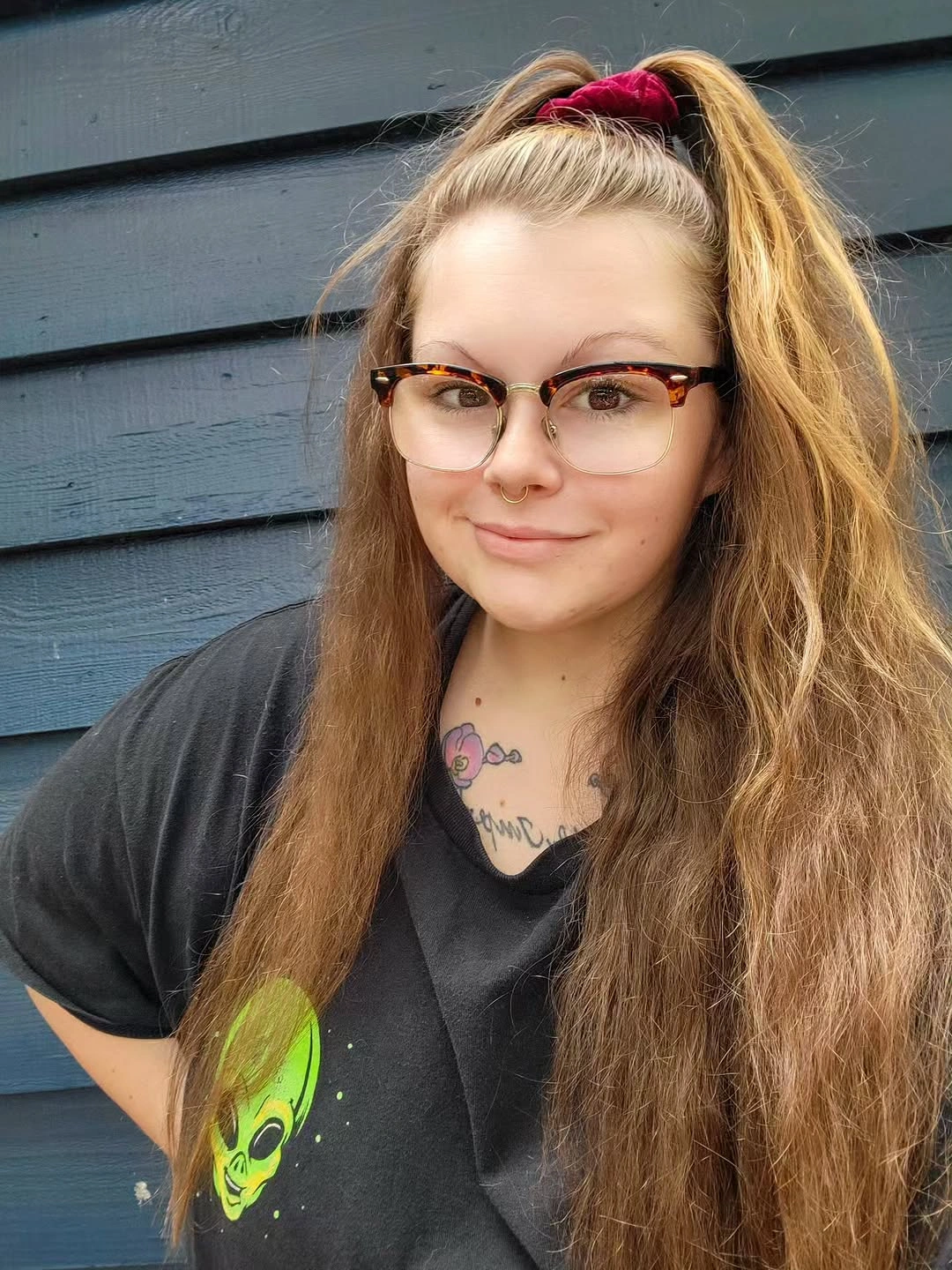 Very long warm brown hair in half-up style