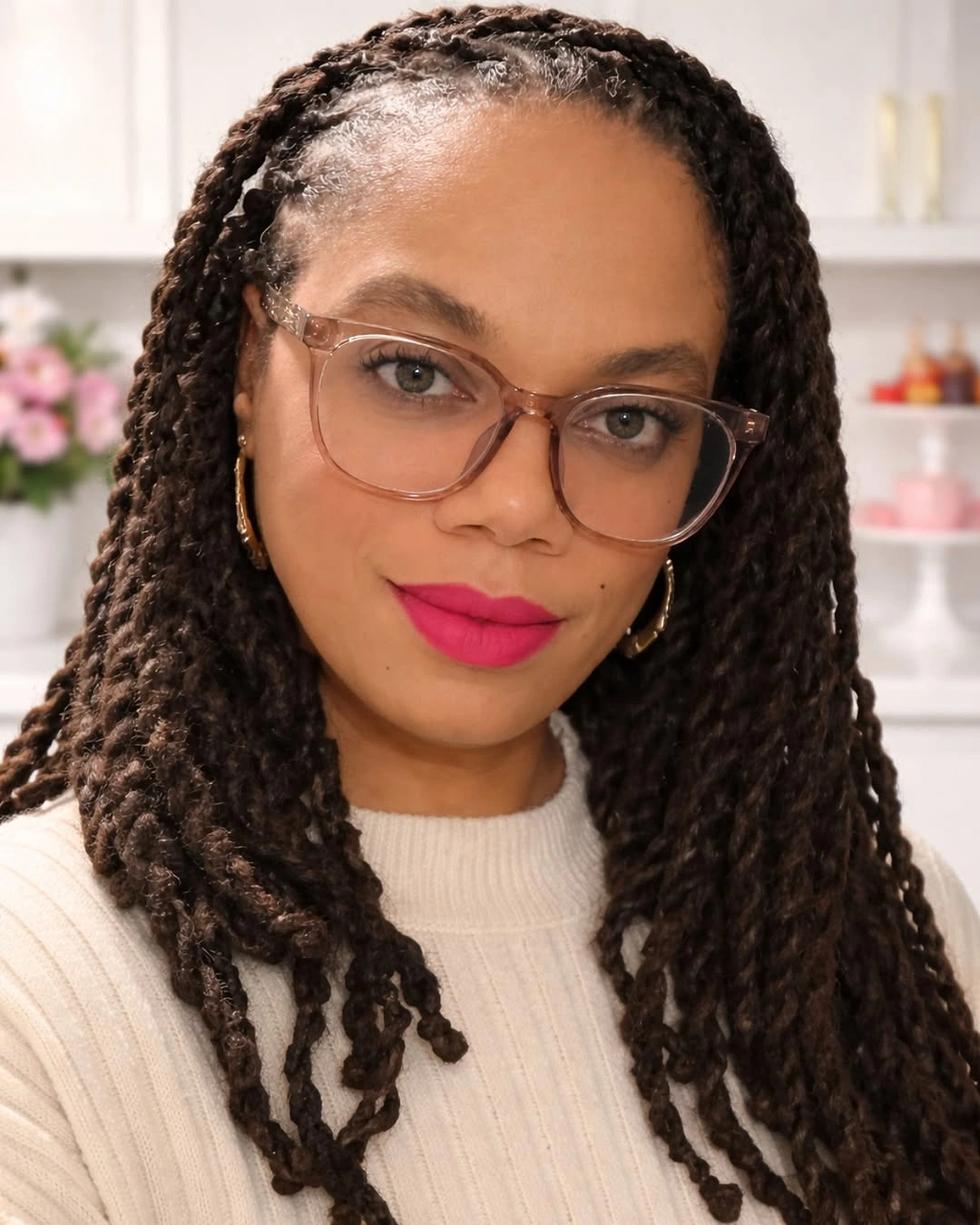 Long dark twists with side part and glasses