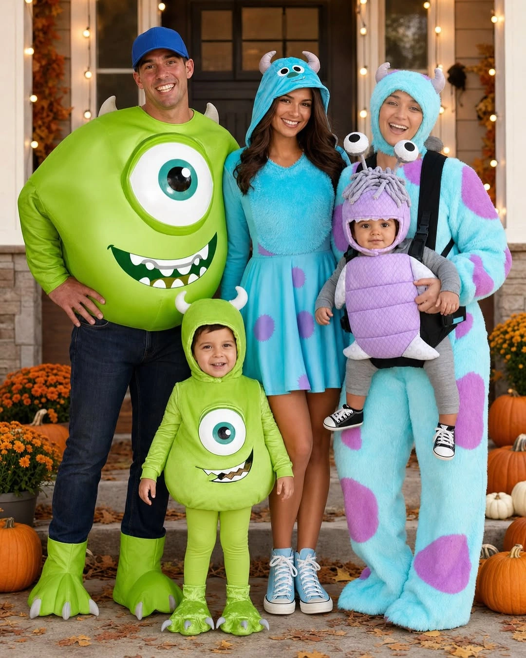 Family in green blue and purple monster character costumes