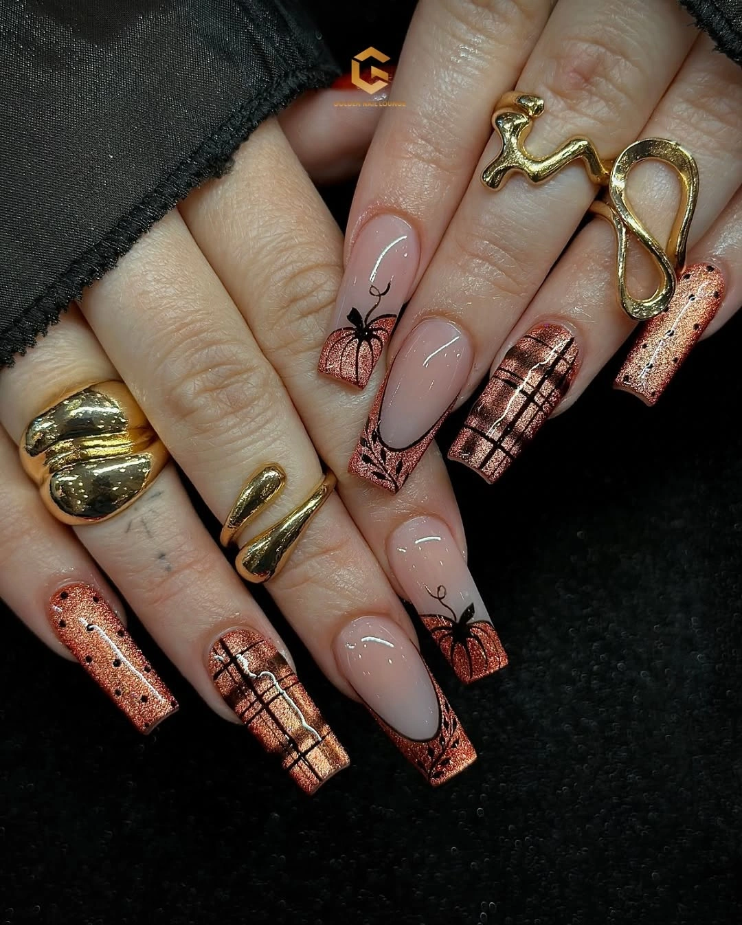 Long nude square nails with webs plaid and copper glitter